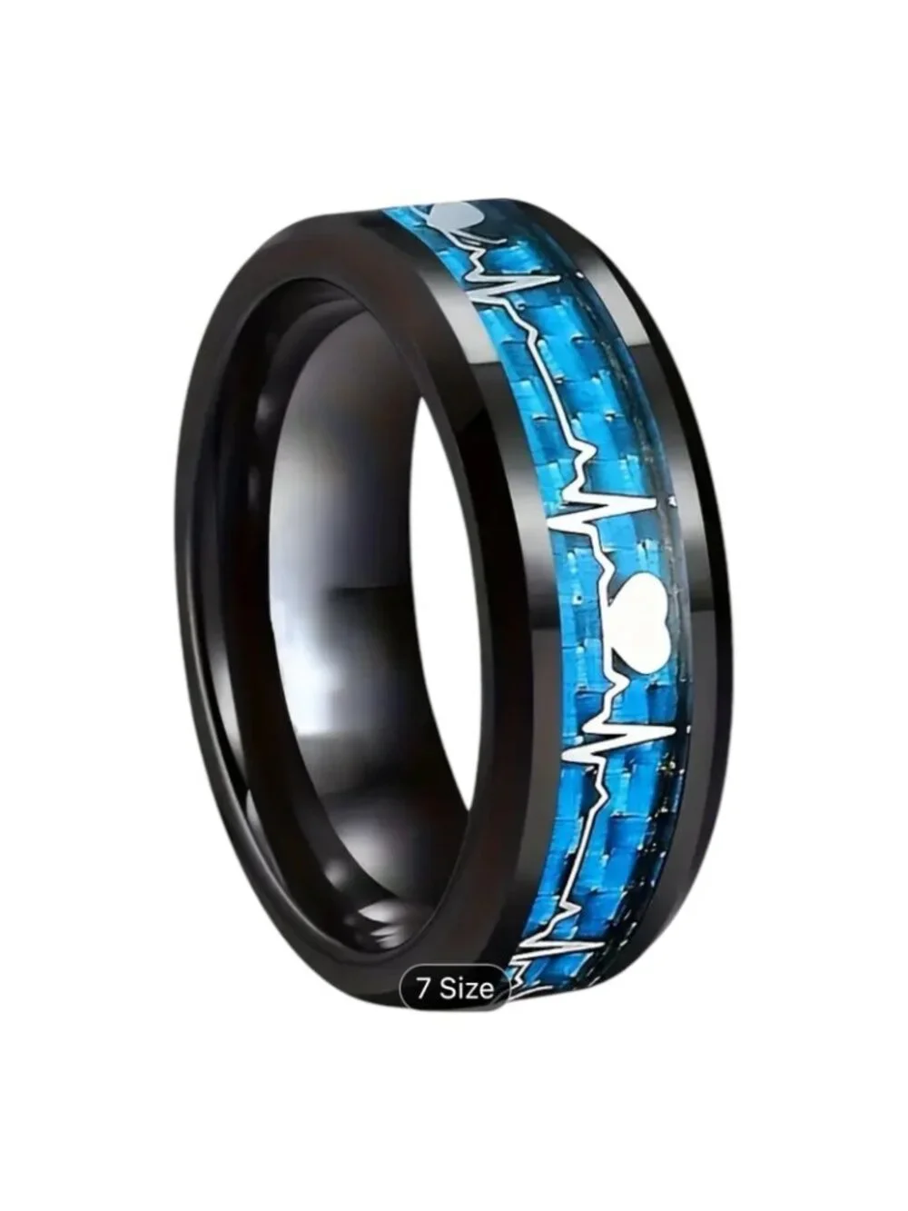 Men's Heartbeat Pattern Stainless Steel Ring 8mm Carbon Fiber Inlaid NWT sz 10